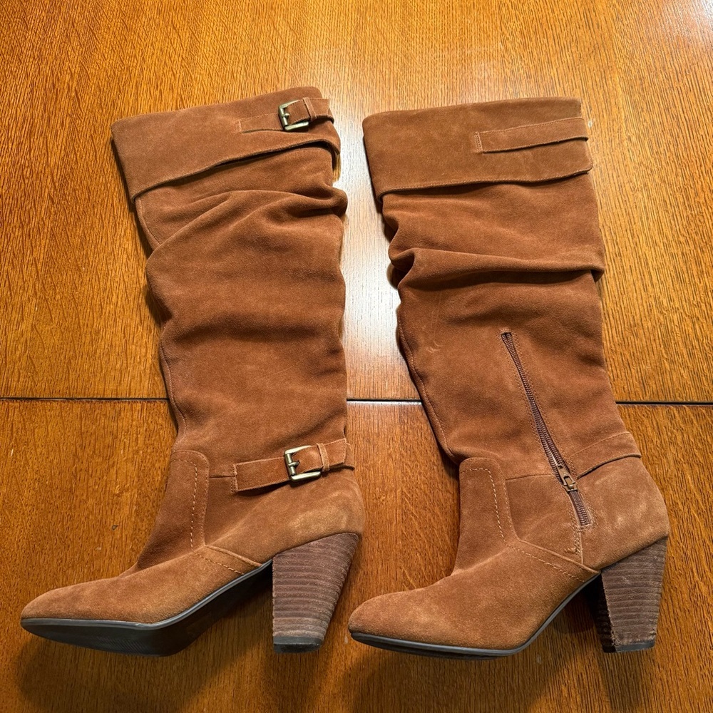 Bakers Brown Suede Heeled Boots with Buckle Details, Size 9